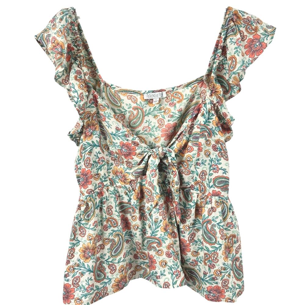 Patrons of Peace Large Floral Paisley Ruffle Tie Front Boho Babydoll Top